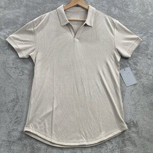 BYLT Premium Basics Polo Shirt Mens Small Latte Ribbed Short Sleeve Open V Neck